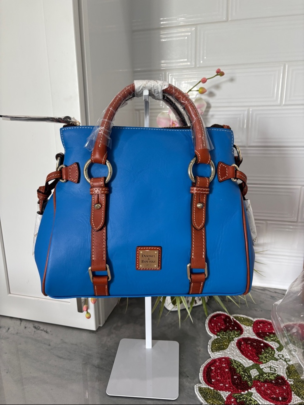 Dooney & Bourke cobalt Blue Leather Satchel with Brown Trim NWT